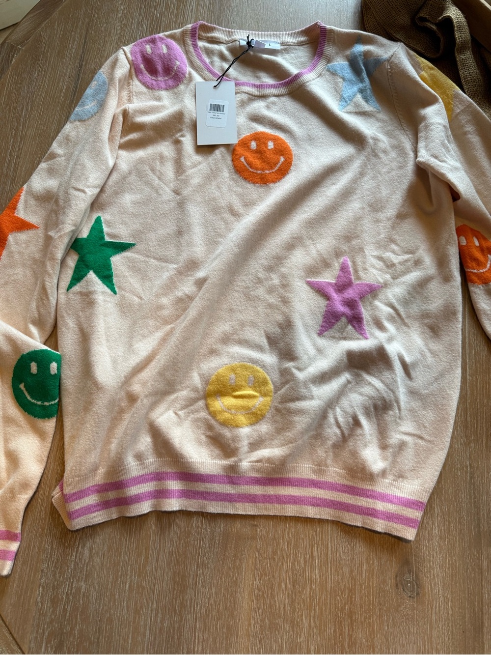 Cream THML brand Smiley & Star Knit Sweater with Pastel Trim